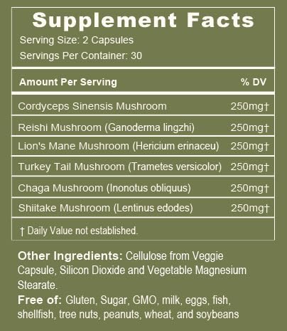 Immunity Mushroom Complex - Reishi, Lion’s Mane, Chaga, Cordyceps, Turkey Tail, Shitaake - Immune System Support, Inflammatory Response, Digestion, Brain Support (60 Count)