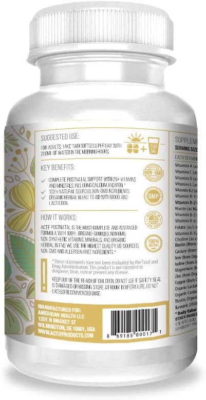 ACTIF Postnatal Vitamin with 25+ Organic Vitamins and Organic Herbs, Nursing and Lactation Supplement, Supports Baby's Brain Development, Non-GMO, Made in USA, 90 Count