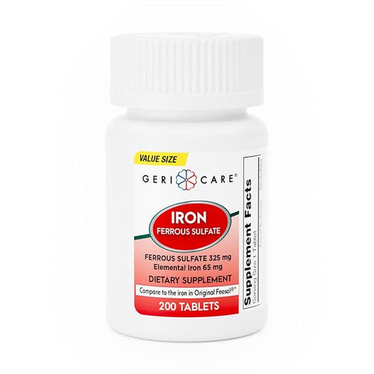 GeriCare Ferrous Sulfate Tablets 325mg, Elemental Iron 65 mg High Potency Iron Supplement | Dietary Supplement 200 Count. (Pack of 1)