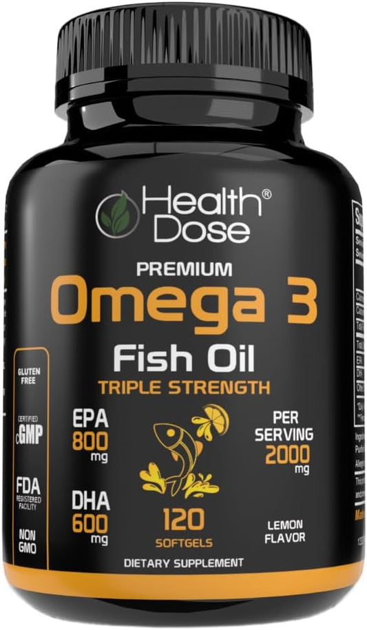 Omega 3 Fish Oil 2000mg – Lemon-Flavored Softgels with EPA 800mg & DHA 600mg for Brain, Heart, and Wellness Support – Easy-to-Digest, No Fish Burps – 120 Softgels, 2-Month Supply