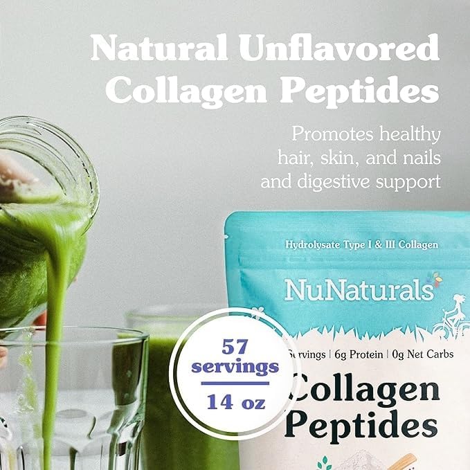 NuNaturals Collagen Peptides Powder (Type I, III), for Skin, Hair, Nail, and Joint Health, 14 oz