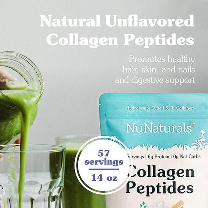 NuNaturals Collagen Peptides Powder (Type I, III), for Skin, Hair, Nail, and Joint Health, 14 oz