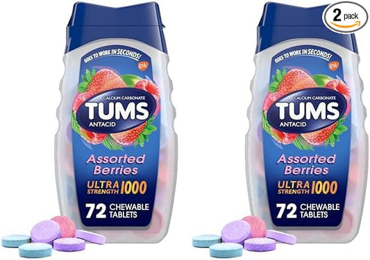TUMS Ultra Strength Chewable Antacid Tablets for Heartburn Relief and Acid Indigestion Relief, Assorted Berries - 72 Count (Pack of 2)