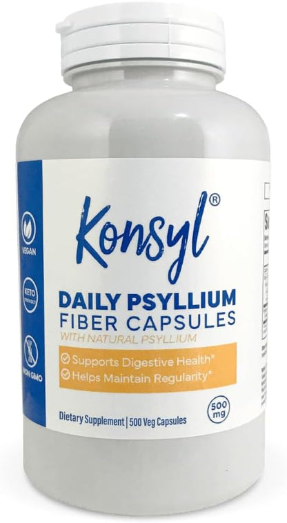 Konsyl Daily Psyllium Fiber Capsules - Contains 1500mg of All-Natural Psyllium Husk Powder per Serving - Supports Digestive Health and Weight Management Goals+ (500 Count (Pack of 1), Unflavored)