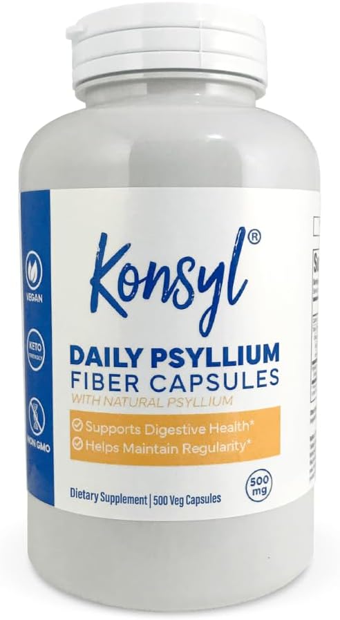 Konsyl Daily Psyllium Fiber Capsules - Contains 1500mg of All-Natural Psyllium Husk Powder per Serving - Supports Digestive Health and Weight Management Goals+ (500 Count (Pack of 1), Unflavored)
