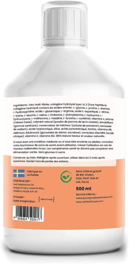 Ved Liquid Collagen Peptides Supplement, Faster Absorption Dietary Hydrolyzed Drink, Skin, Muscles, Hair, Nail Growth, for Women, Men, Unflavored 500 ml (Sugar Free)