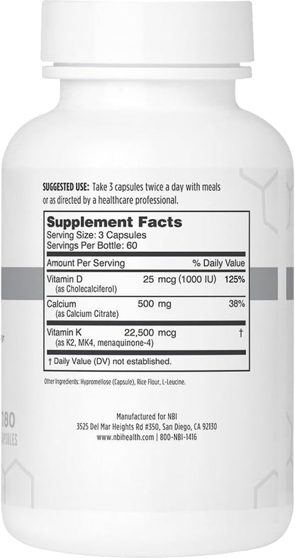 Osteo-K Bone Support | Vitamin D & K Complex with Calcium Citrate Supplement | 45mg Vitamin K2 (MK4) for Strong Bone Health & Function | 180ct Veggie Capsules