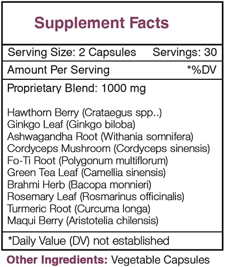 Youth Secret 60 Capsules, 1000 mg, Hawthorn, Ginkgo, Ashwagandha, Cordyceps, Fo-Ti Root, Green Tea, Brahmi, Rosemary, Turmeric, Maqui Berry. Overall Health/Wellness (60 Capsules)