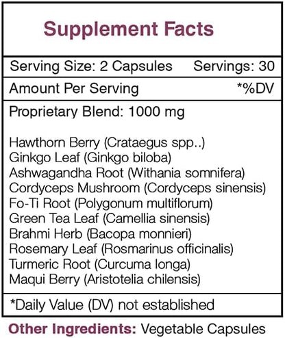 Youth Secret 60 Capsules, 1000 mg, Hawthorn, Ginkgo, Ashwagandha, Cordyceps, Fo-Ti Root, Green Tea, Brahmi, Rosemary, Turmeric, Maqui Berry. Overall Health/Wellness (60 Capsules)