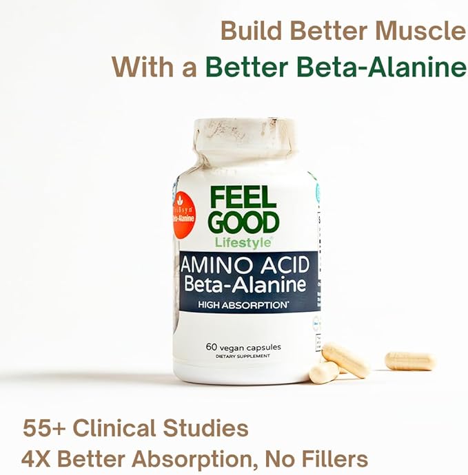 Beta-Alanine Capsules -Amino Acid - 3200mg Equivalent Dose - Prevent Muscle Loss - Brain Health - Joint Health - Heart Health - High Absorption- 30 Servings - Feelgood Lifestyle