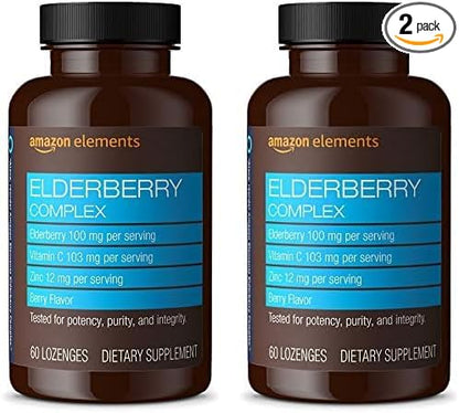 Amazon Elements Elderberry Complex Berry Flavored Immune System Support Lozenges, Adult, 60 Count, (Packaging May Vary) (Pack of 2)