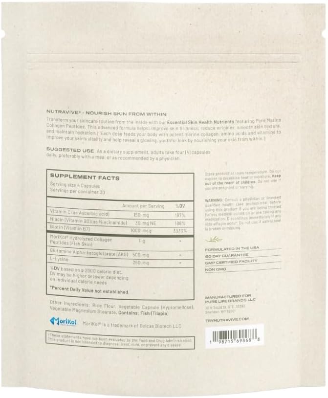 NutraVive Essential Skin Health Nutrients – Hydrolyzed Morikol® Marine Collagen Peptides, Amino Acids & Vitamins - Promote Firm, Reduce Wrinkles & Enhance Skin Elasticity - 120 Capsules