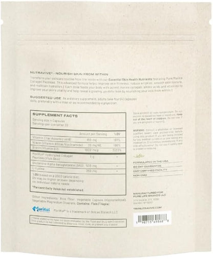NutraVive Essential Skin Health Nutrients – Hydrolyzed Morikol® Marine Collagen Peptides, Amino Acids & Vitamins - Promote Firm, Reduce Wrinkles & Enhance Skin Elasticity - 120 Capsules