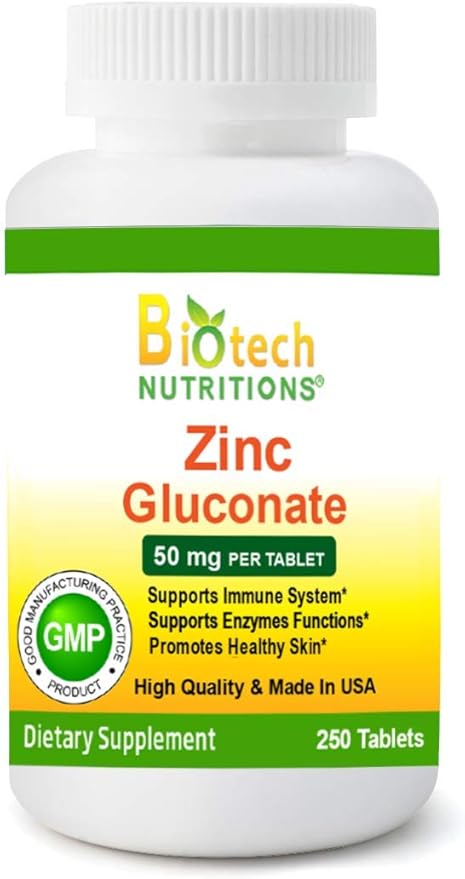 Zinc Gluconate 50 mg 250 Tablets Made in USA Vegetarian/Vegan Zinc Gluconate