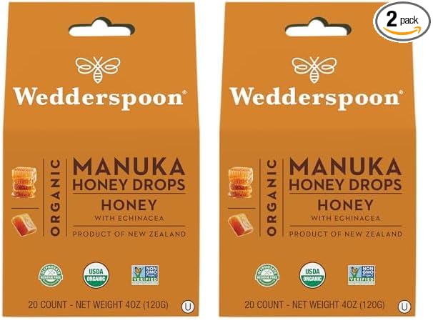 Wedderspoon Organic Manuka Honey Drops, Honey & Echinacea, 20 Count (Pack of 2) | Genuine New Zealand Honey | Perfect Remedy for Dry Throats