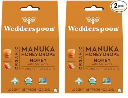 Wedderspoon Organic Manuka Honey Drops, Honey & Echinacea, 20 Count (Pack of 2) | Genuine New Zealand Honey | Perfect Remedy for Dry Throats