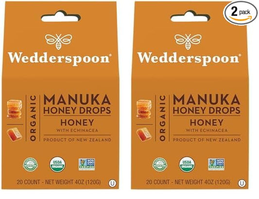 Wedderspoon Organic Manuka Honey Drops, Honey & Echinacea, 20 Count (Pack of 2) | Genuine New Zealand Honey | Perfect Remedy for Dry Throats