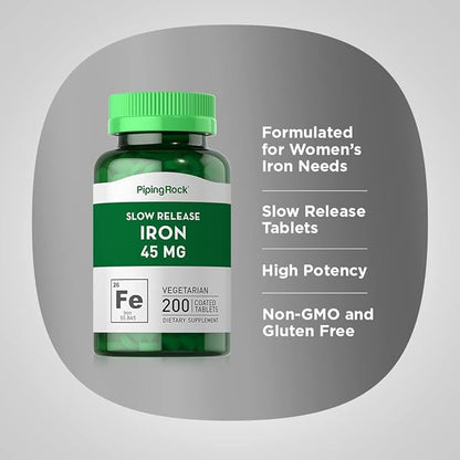 Piping Rock Iron Supplement 45 mg | 200 Tablets | for Women & Men | Slow Release Ferrous Sulfate | Vegetarian, Non-GMO & Gluten Free
