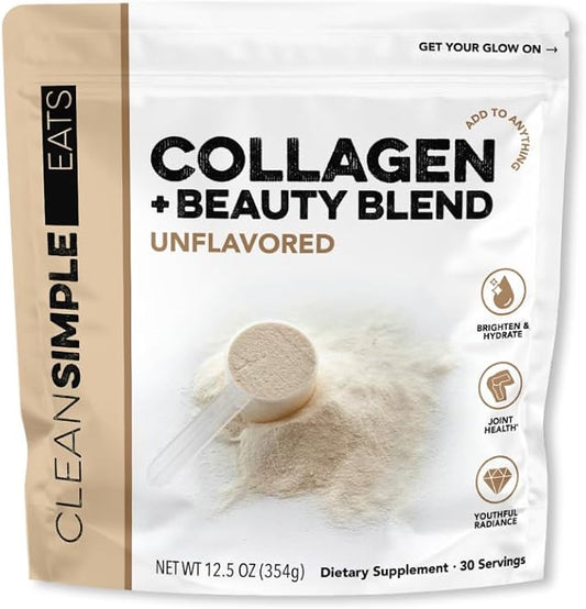 Clean Simple Eats Unflavored Super Collagen, Grass-Fed, Hydrolyzed Types I, II, & III Collagen, 30 Servings