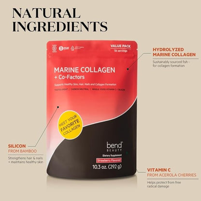 Bend Marine Collagen + Co-Factors | Strawberry Flavored Collagen Powder | Hydrolyzed Collagen Supplement | Fish Collagen Peptides + Silicon + Vitamin C | Supports Healthy Skin, Hair & Nails