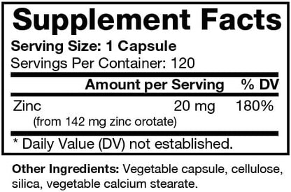 Zinc Orotate - Bioavailable Chelated Mineral Supplement - 20mg per Capsule- Supports Immune & Metabolic Health - Vegan Friendly - 120 Capsules