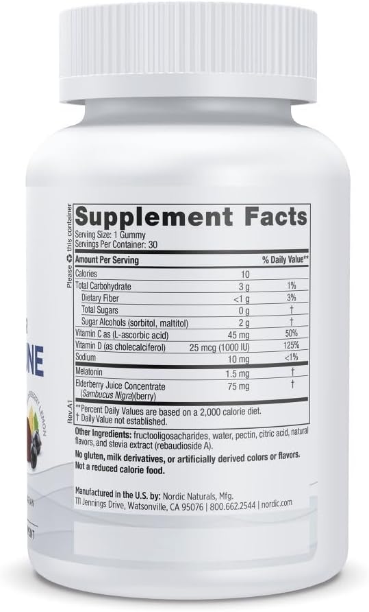 Nordic Naturals Zero Sugar Sleep + Immune Gummies - Elderberry Lemon Flavor - 30 Gummies - 1.5 mg Melatonin for Sleep with Vitamin D3 - Elderberry & Vitamin C Immune Support - 30 Servings