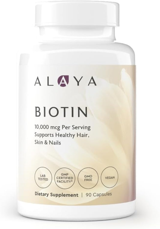 Alaya Naturals - Biotin 10,000mcg, 90 Capsules - Supports Healthy Hair, Skin & Nails