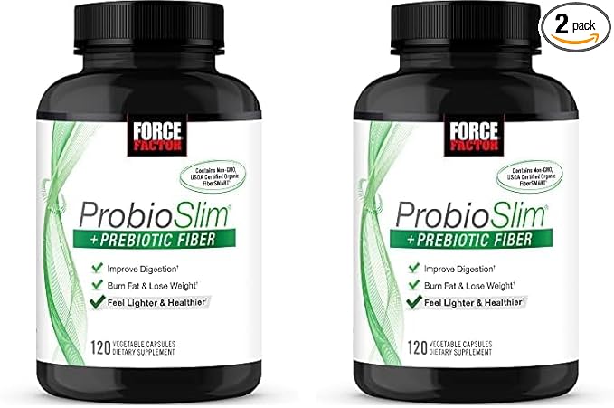 Force Factor ProbioSlim + Prebiotic Fiber Weight Loss Supplement for Women and Men, Probiotic and Prebiotic Digestive Health Support with Green Tea Extract and Psyllium Husk Fiber, 120 Capsules