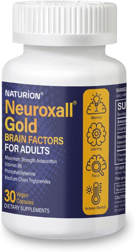 Neuroxall Gold Brain Factors for Adults - Cognitive & Mental Wellness Support with Vitamin B6, Astaxanthin, Ginkgo Biloba, Ashwagandha & Turmeric & - 30 Vegan Capsules, 30 Day Supply