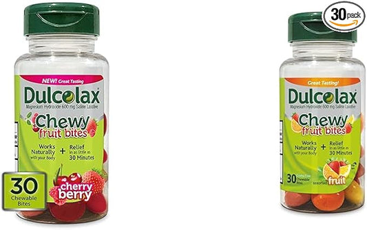 Dulcolax Chewy Fruit Bites, Saline Laxative, Cherry Berry & Assorted Fruit Flavors (30ct) Cramp-Free Constipation Relief