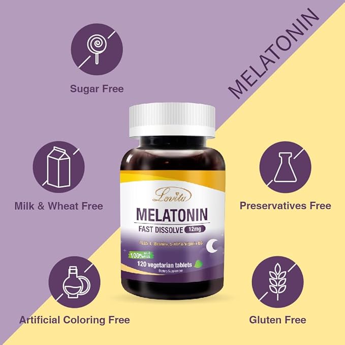 Lovita Melatonin 12mg Fast Dissolve | Natural Sleep Aid | 100% Drug-Free | 120 Vegetarian Tablets (Pack of 3)