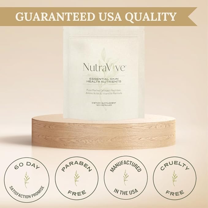 NutraVive Essential Skin Health Nutrients – Hydrolyzed Morikol® Marine Collagen Peptides, Amino Acids & Vitamins - Promote Firm, Reduce Wrinkles & Enhance Skin Elasticity - 120 Capsules