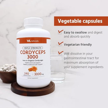 ML Naturals Triple Strength Cordyceps 3000 Made with Organic Cordyceps, 240 Vegetable Capsules. Healthy Immune Support & Cardiovascular Support. Non-GMO