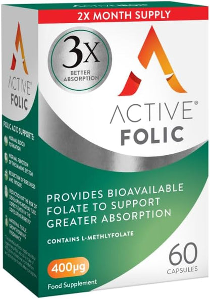 Active Folic 400mcg, Folic Acid Supplement for Pregnancy, 60 Capsules, Helps Fight Tiredness, Fatigue, Highly Absorbed, L-Methylfolate, Vegan, 2 Month Supply