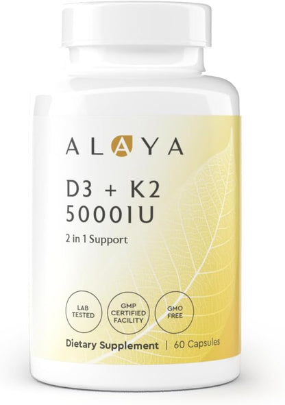 Alaya Naturals Vitamin D3 K2 Supplement – 5000 IU D3, 50 mcg K1, 15 mcg K2 MK-7 – High Absorption Capsules for Bone & Immune Support, Non-GMO, Vegetarian Capsules 60 Count