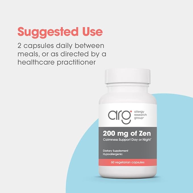 Allergy Research Group 200 mg of Zen Supplement - Calmness Support, Day or Night, GABA, L-Theanine, Hypoallergenic, Vegetarian Capsules - 60 Count