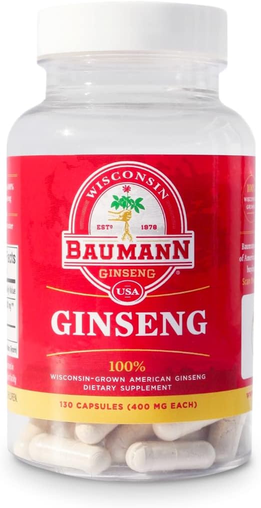 Baumann Wisconsin Ginseng Capsules 130 Pills 400 mg – Pure American Ginseng Root Extract Powder in Each Pill - 100% Natural Panax Ginseng Supplement for Immune Support, Focus and Energy