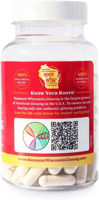 Baumann Wisconsin Ginseng Capsules 130 Pills 400 mg – Pure American Ginseng Root Extract Powder in Each Pill - 100% Natural Panax Ginseng Supplement for Immune Support, Focus and Energy
