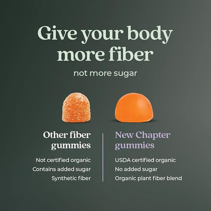 New Chapter Organic Fiber Gummies for Adults & Kids (Age 4+), Plant-Based Prebiotic Fiber for Digestive Health, Vegan, Non-GMO, USDA Organic, Gluten Free, Citrus-Berry Flavored, 60 ct