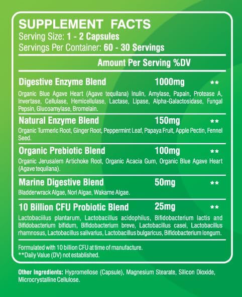 Digestive ENZYMES 1000MG + Prebiotics and Probiotics for Women and Men - 60 Capsules