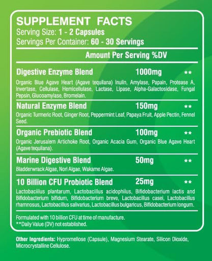 Digestive ENZYMES 1000MG + Prebiotics and Probiotics for Women and Men - 60 Capsules