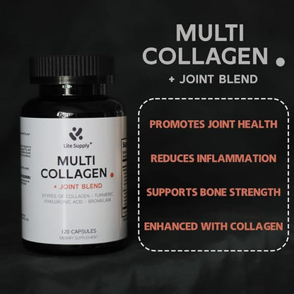 Multi Collagen Complex - 120 Capsules for Men and Women with Type I, II, III, V, X - Hydrolyzed Collagen Peptides, Turmeric Extract Ginger Extract Hyaluronic Acid for Bone and Joint Support Hair Skin