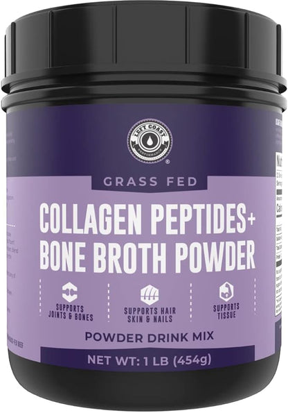 16oz Bone Broth Powder with Grass Fed Collagen Peptides - Unflavoured, Zero Carb, Dairy Free, No Additives, No Fillers - Natural Source Type I and III - Grass Fed Bone Broth Collagen Powder