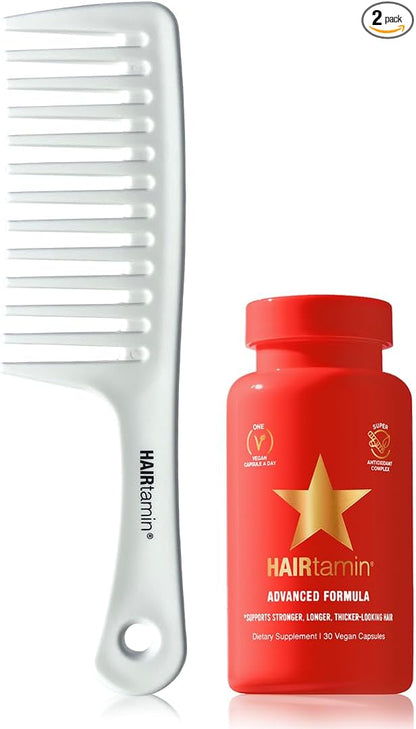 Hairtamin Advanced Vegan Biotin Supplement Pack | Hair, Skin & Nail Vitamins with Gentle Detangling Comb to Promote Growth & Thickness