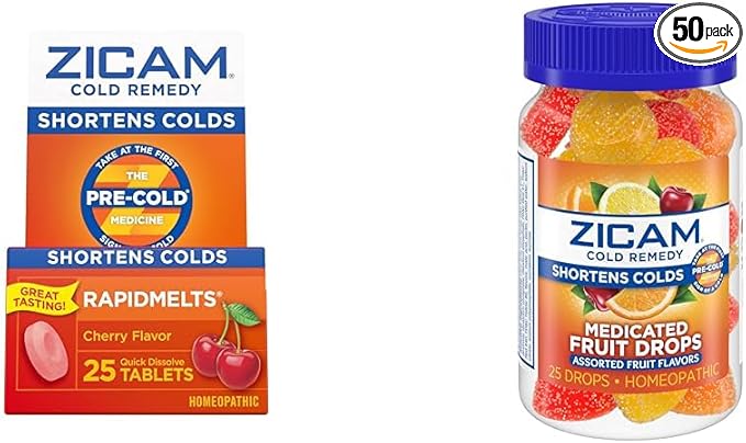 Zicam Cold Remedy with 25 Cherry Rapidmelts and 25 Assorted Fruit Drops, Zinc Homeopathic Cold Shortening Medicine