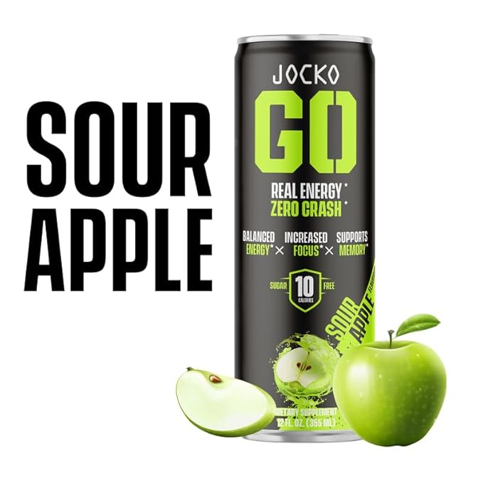 Jocko GO Energy Drink - KETO, Vitamin B12, Vitamin B6, Electrolytes, L Theanine, Magnesium- Energy Boost, Sugar Free Nootropic Monk Fruit Blend - 12 Pack (Sour Apple)
