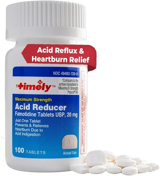 Timely Acid Reducer Famotidine 20mg - Compare to the active ingredient in Maximum Strength Pepcid AC - Antacid Acid Reflux Medicine for Heartburn Relief and Acid Indigestion Symptoms - 100 Tablets