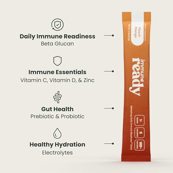 Immune Ready™ Immunity Boost Drink Mix with Vitamin C, D3, Zinc Picolinate, Inulin, Beta Glucan & Electrolytes - Delicious & Refreshing Sugar-Free Immune Booster - Peach-Mango Flavored - 15 Servings