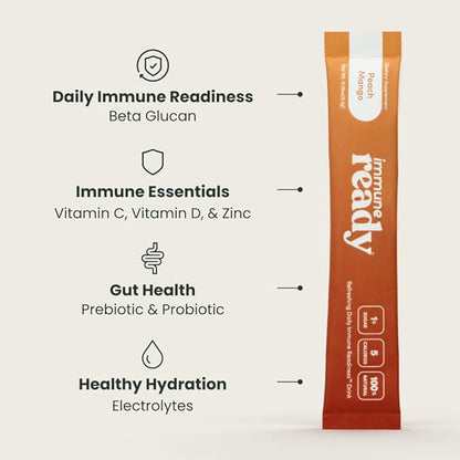 Immune Ready™ Immunity Boost Drink Mix with Vitamin C, D3, Zinc Picolinate, Inulin, Beta Glucan & Electrolytes - Delicious & Refreshing Sugar-Free Immune Booster - Peach-Mango Flavored - 15 Servings