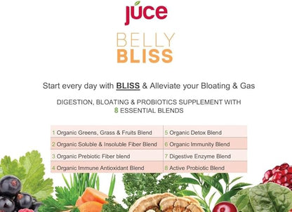 Júce Belly Bliss, Peachy Greens, 30 servings, Probiotics + Greens, Bloating Support with Plant-Based Digestive Enzymes, Dietary Supplement Powder - By Terra Kai Organics